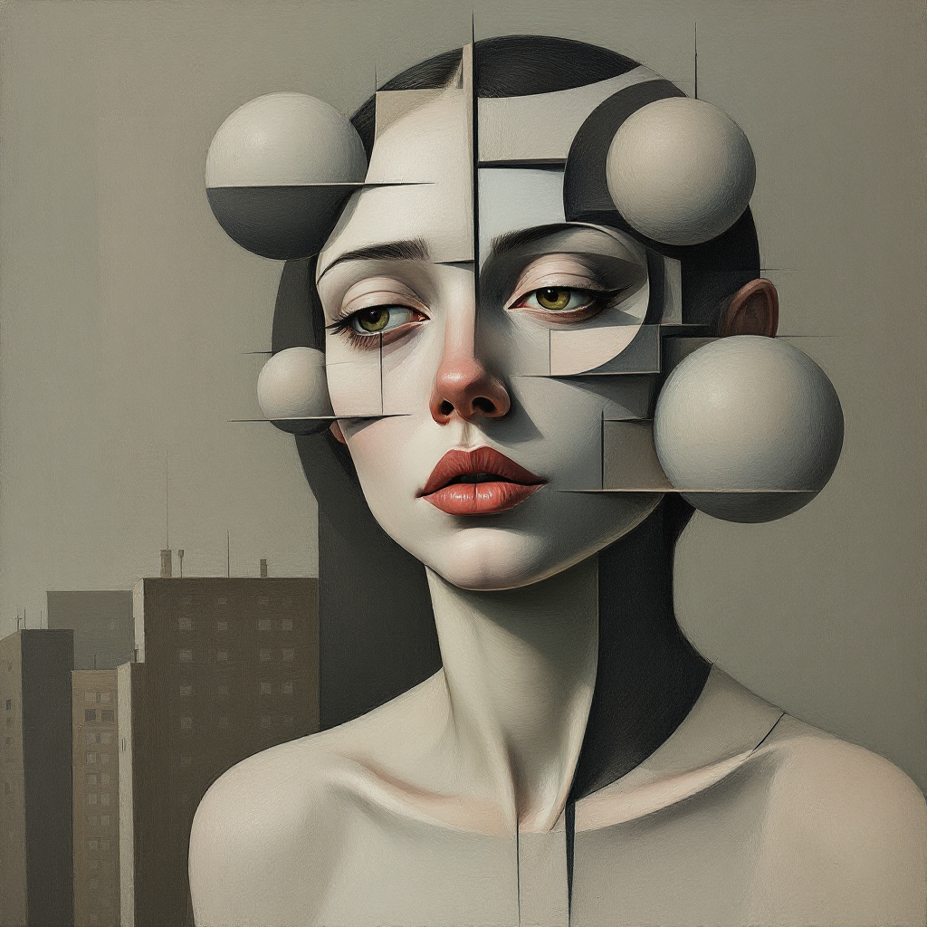 A surreal portrait of a woman with geometric shapes and spheres integrated into her face, conveying introspection and complexity, evoking a conversation with oneself.