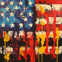 An American flag painted in abstract, with dripping paint and mixed colors, evoking tension and fear, complementing the quote discussing patriotism driven by fear and aggression.