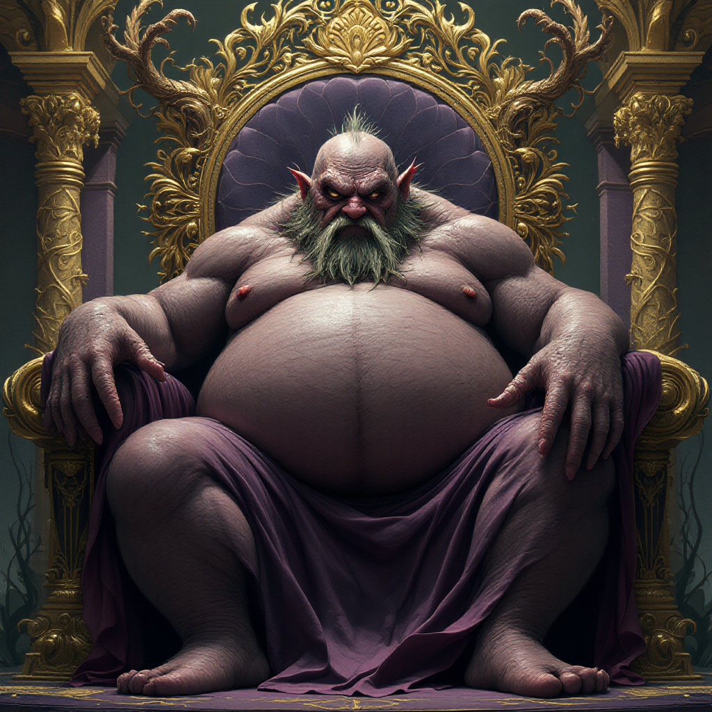 A grublike, obese Mage-Imperator sits on an ornate throne, draped in a purple cloth, exuding a powerful and imposing presence in a lavish, womb-like setting.