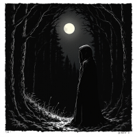 A cloaked figure stands in a dark forest, illuminated by a bright full moon. The scene captures a sense of introspection, reflecting the theme of discovering true selves in darkness.