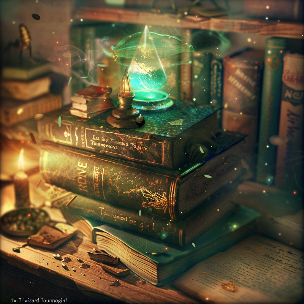 A glowing magical artifact sits atop a stack of old books, surrounded by candles and an open tome, evoking the magical atmosphere of the Triwizard Tournament.