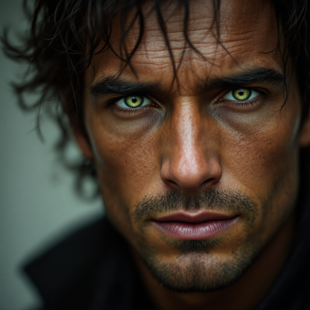 A close-up of a man with tousled dark hair and striking green eyes, conveying intensity and complexity, reflecting the nuances of morality as discussed in the accompanying quote.