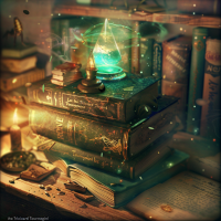 A glowing magical artifact sits atop a stack of old books, surrounded by candles and an open tome, evoking the magical atmosphere of the Triwizard Tournament.