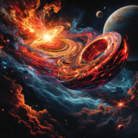 A dynamic cosmic scene depicting a glowing neutron star and swirling energy, with colors of red and orange against a backdrop of vibrant gases and distant planets, symbolizing the Klikiss Torch concept.