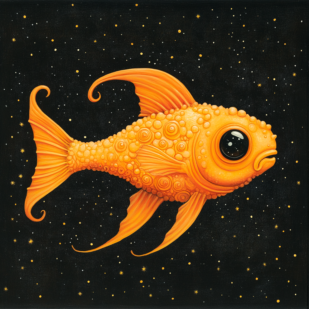 A small, orange, leech-like fish with large eyes, delicate fins, and a bumpy texture against a starry black background.