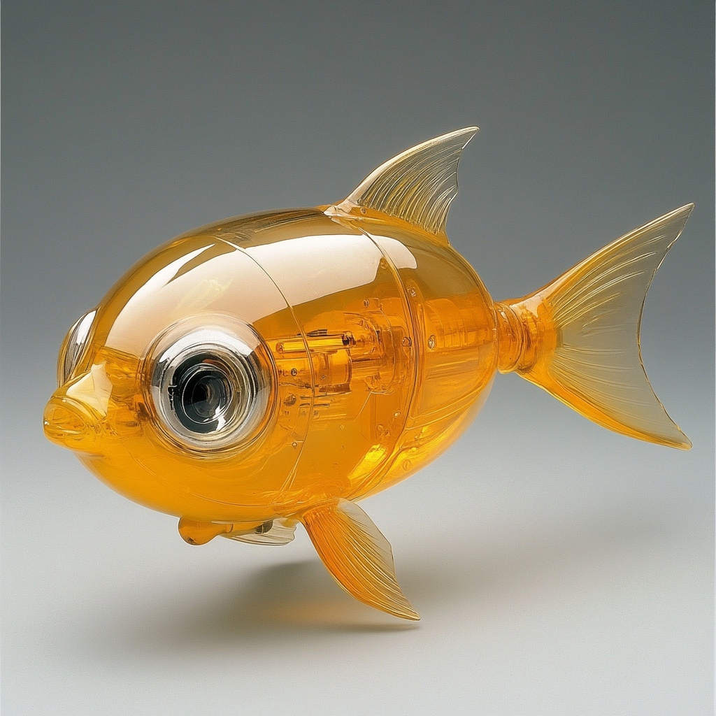 A small, yellow, and semi-transparent fish with large eyes and mechanical-like features, resembling a toy or robotic fish.