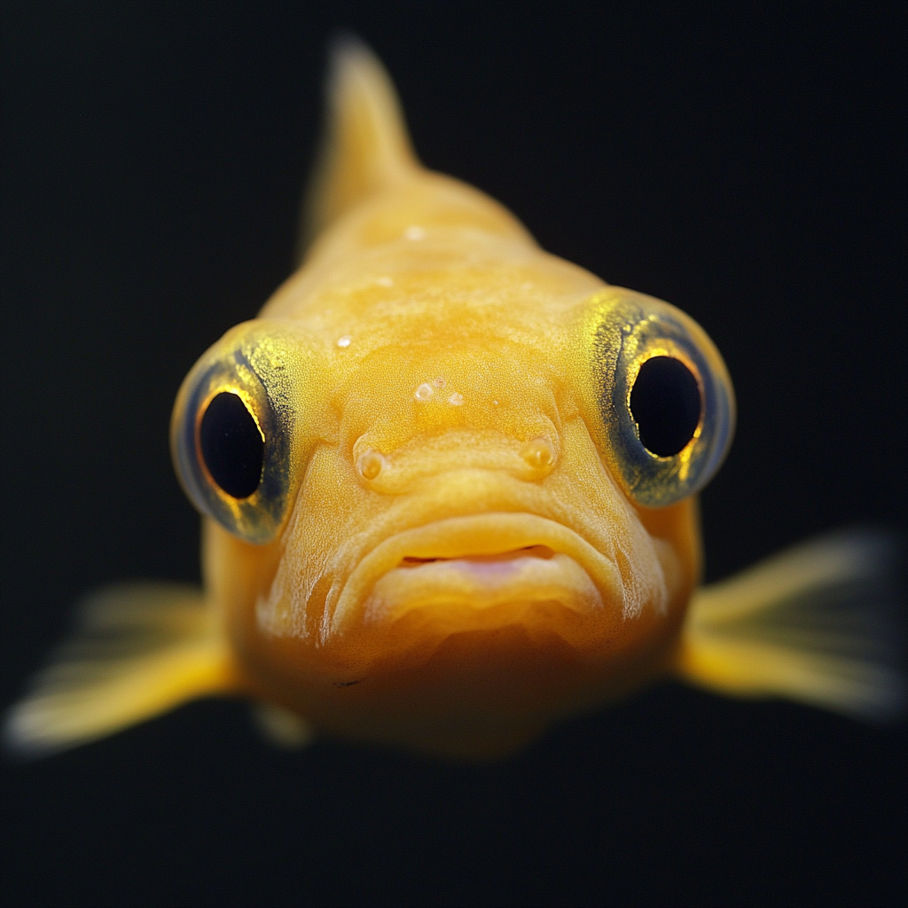 Close-up of a small, yellow fish with large eyes, resembling the description of the Babel fish from The Hitchhiker's Guide to the Galaxy. The fish has a leech-like appearance against a black background.