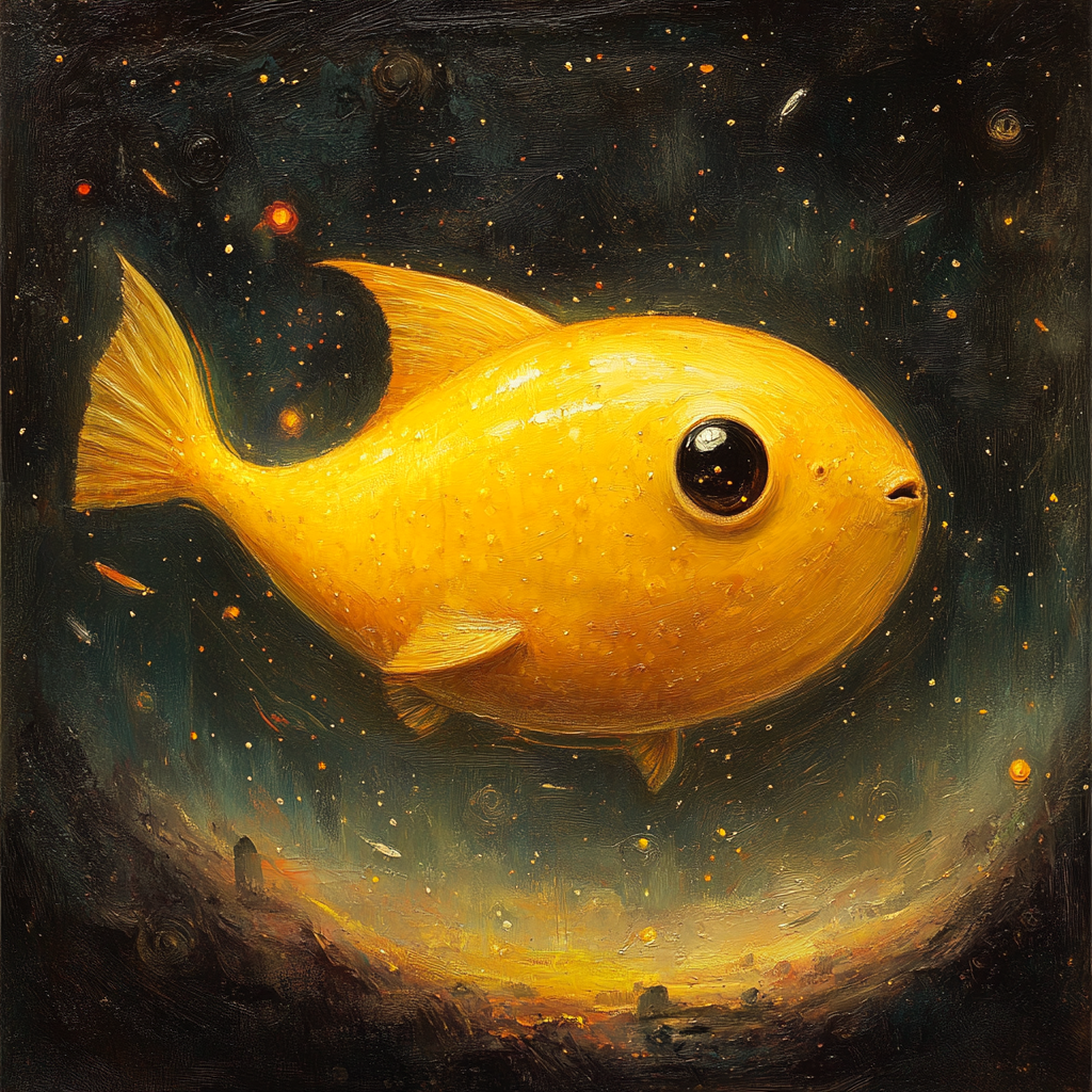 A small, yellow, and leech-like fish with large eyes, floating in a cosmic background amidst scattered lights and a vague planetary landscape, inspired by The Hitchhiker's Guide to the Galaxy.