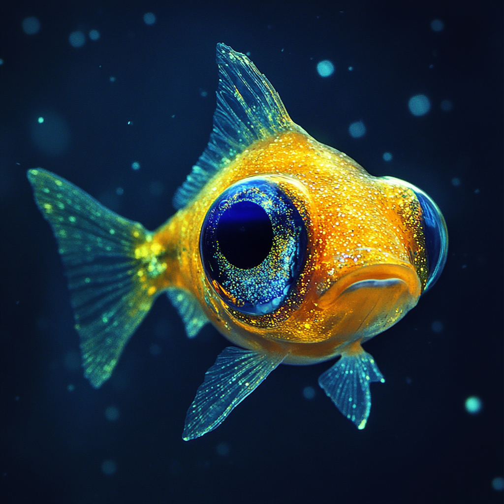 A small, bright yellow fish with large, dark eyes and translucent fins is floating in a dark, water-like environment with scattered glowing particles.