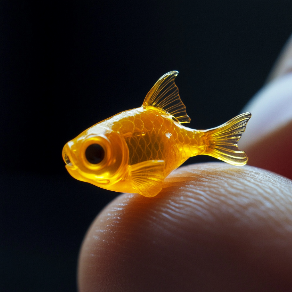 A small, yellow fish with translucent fins sits on a fingertip in a dark background.