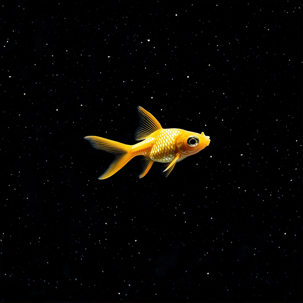 A small, yellow, leech-like fish is floating against a black backdrop filled with tiny white stars.