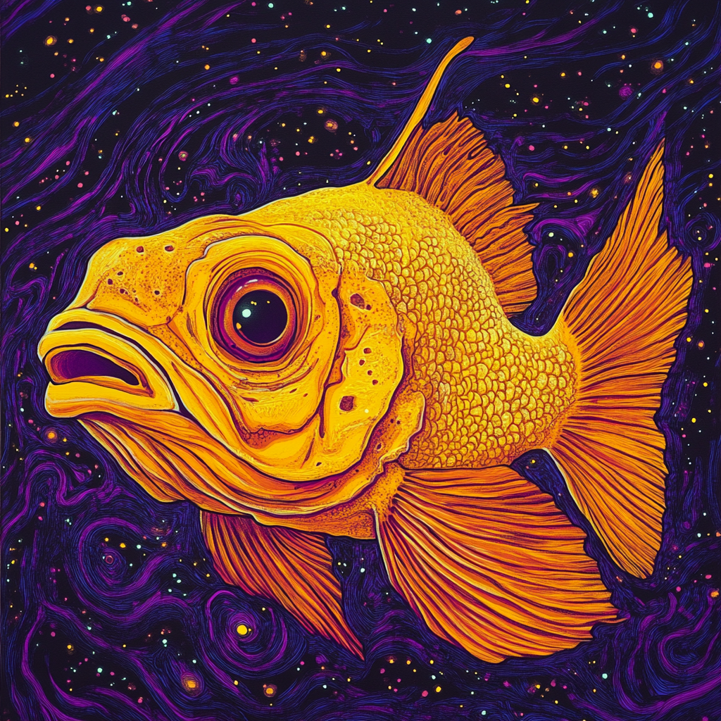 A vibrant, yellow fish with large eyes and detailed scales set against a swirling, purple and black cosmic background.