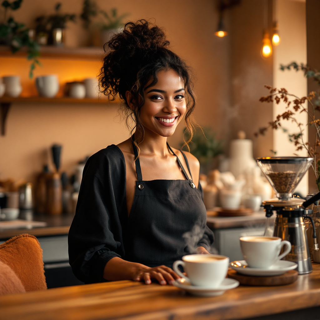 A joyful barista stands behind a wooden counter, steaming coffee and smiling warmly. The cozy café's atmosphere is enriched by the aroma of cinnamon and cardamom.