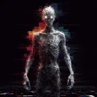A waist-high creature with gaunt, translucent skin and glowing eyes stands against a dark, glitchy background.
