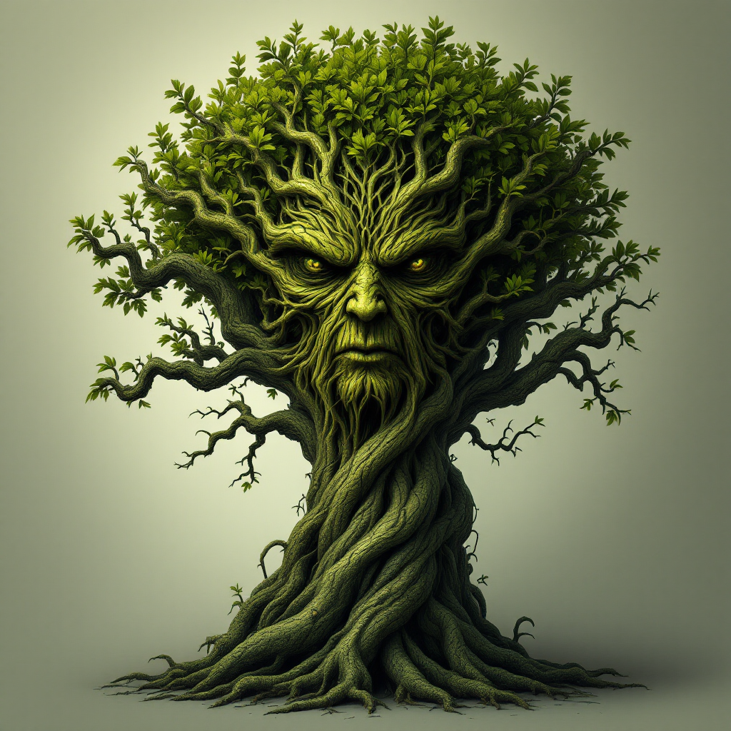 A gnarled tree with a twisted trunk and a face emerges from its bark, eyes glowing eerily, symbolizing the danger of questions and answers, as suggested by the quote.