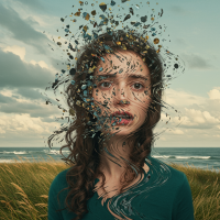 A woman's face dissolves into scattered fragments against a cloudy sky by the sea, illustrating the elusive and unmemorable nature of SCP-055's appearance.