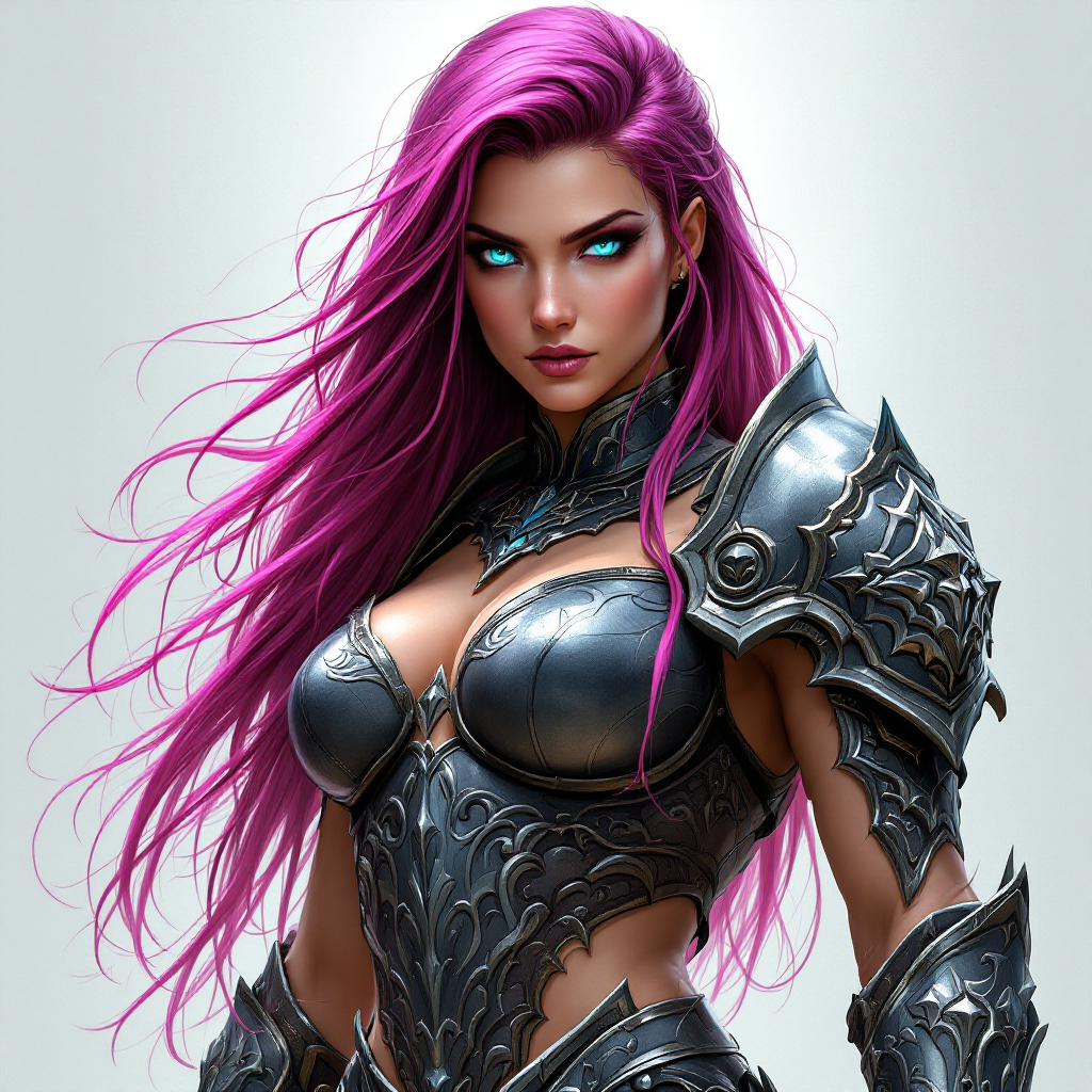 A fierce warrior with long, vibrant purple hair and glowing blue eyes stands confidently in intricate armor, embodying the quote, Beware; for I am fearless, and therefore powerful.