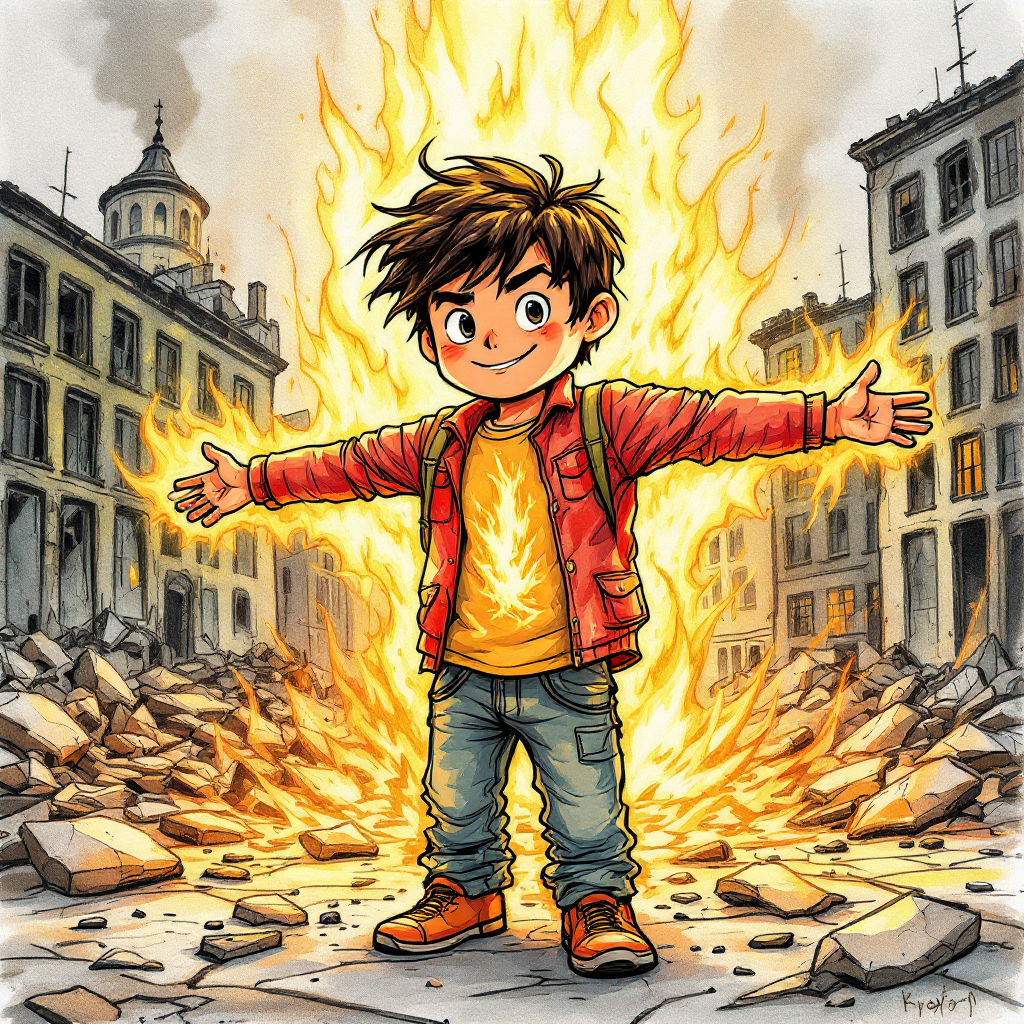 A confident boy stands amidst rubble with arms outstretched, surrounded by flames, symbolizing resilience and strength in the face of challenges, echoing the quote about rising after a fall.