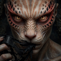 A translucent, matte-skinned face with feline and piscine features, marked by shifting spots forming stripes and black chevrons above piercing, almond-shaped eyes.