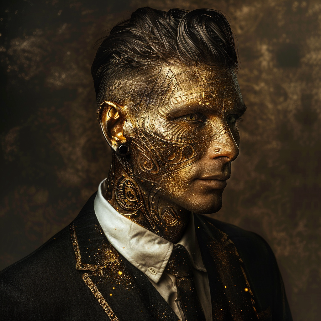 A man with thick fair hair curling from a crew cut and intricate golden OCtattoos covering his face, resembling the 24 karat golden skin of an ancient Egyptian sarcophagus, dressed in a suit.