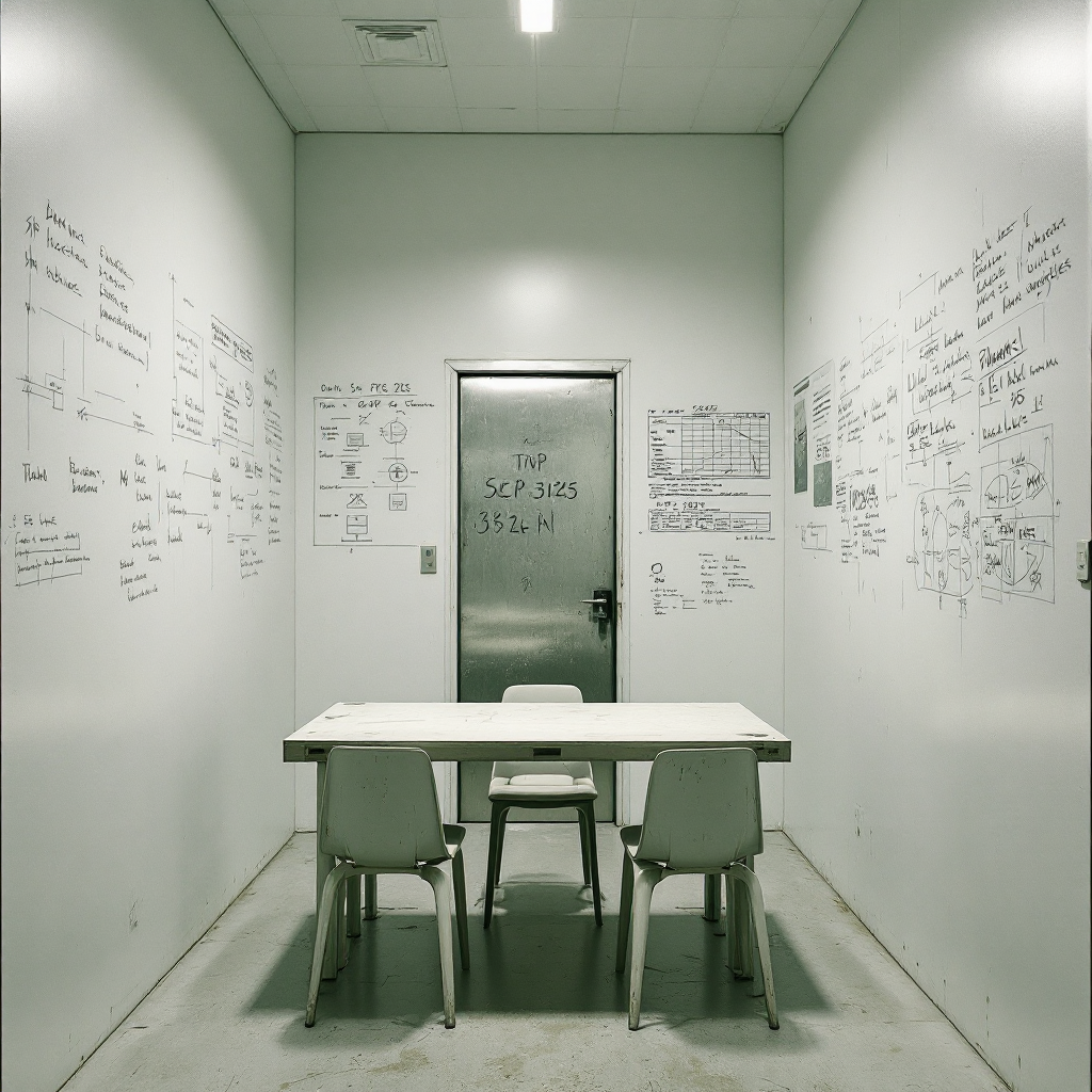 A stark white room with formulas and notes covering the walls, containing a simple table and chairs, representing the only space shielded from SCP-3125’s pervasive influence.