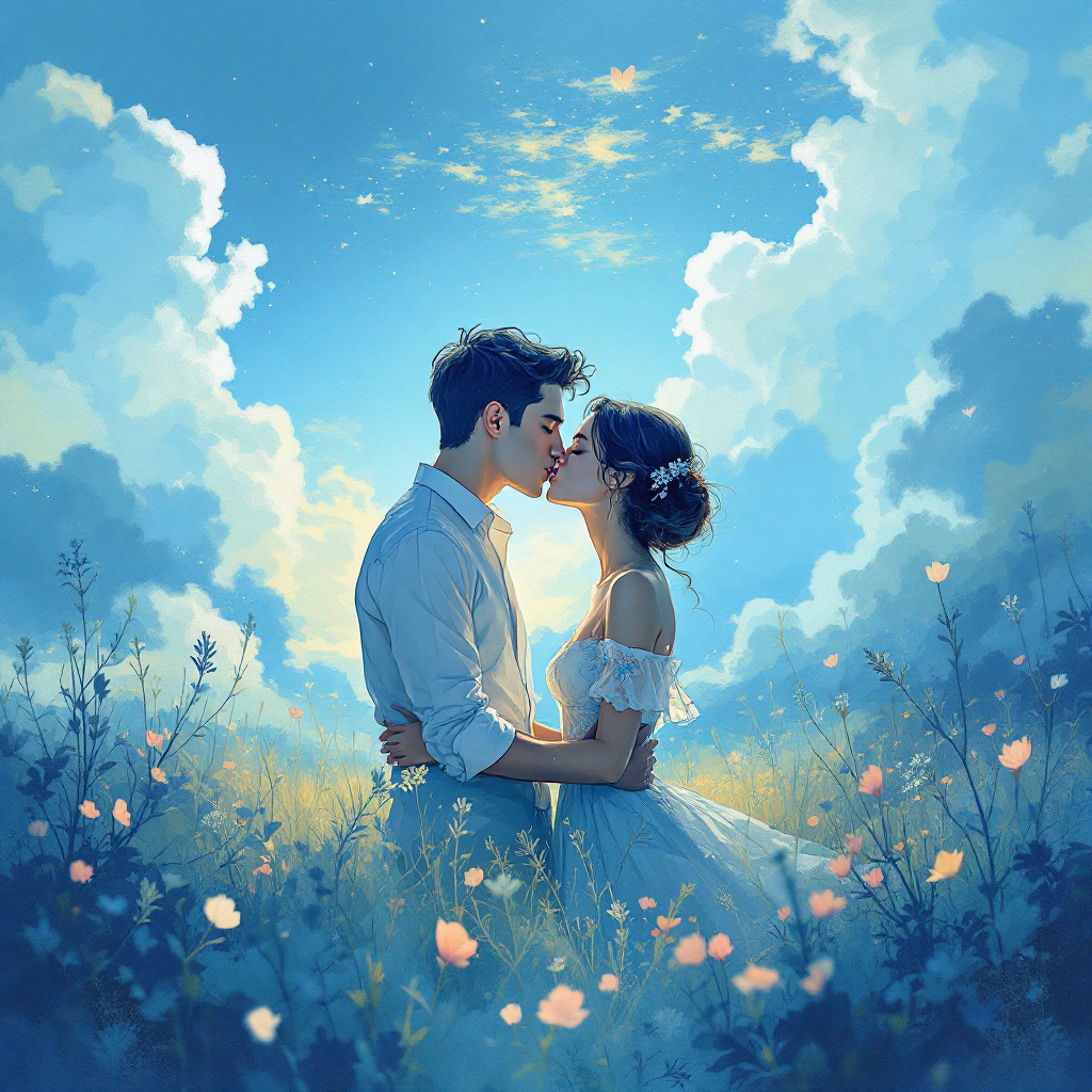 A couple shares a gentle kiss in a sunlit meadow, surrounded by soft clouds and blooming flowers, embodying love, hope, and relief as described in the quote.