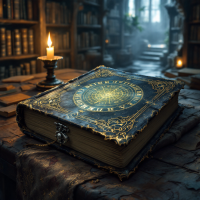 A beautifully ornate, closed book rests on an ancient wooden table, illuminated by a flickering candle, surrounded by rows of books in a dimly lit, mystical library.