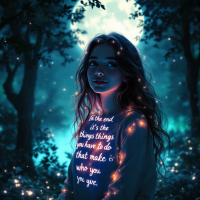 A girl stands in a glowing forest, surrounded by soft lights. She wears a shirt with the quote, In the end, it’s the things you have to do that make you who you are.