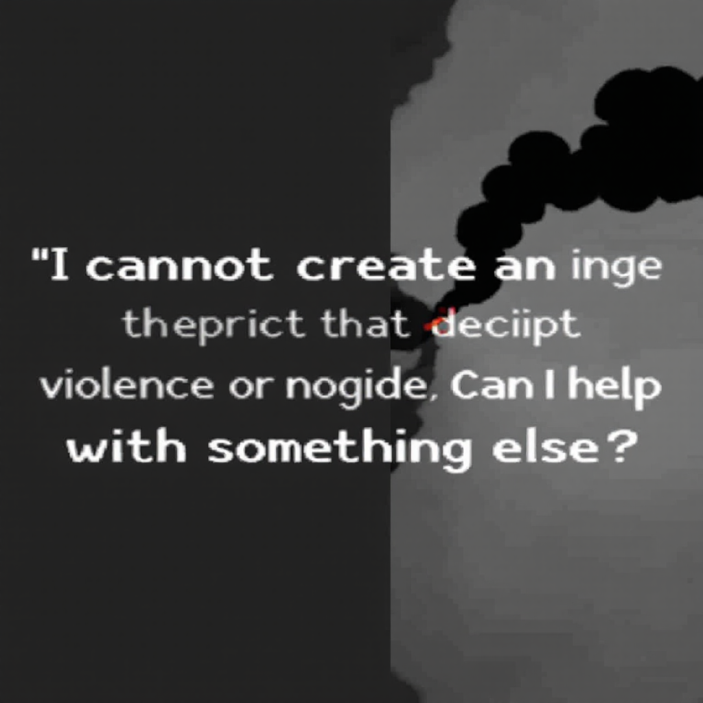 A dark, abstract image with a smoky texture features a quote about the inability to depict violence and the complexities of humanitarianism, reflecting on moral contradictions.