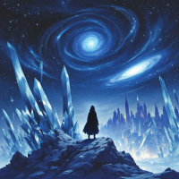 A figure stands on a rocky outcrop surrounded by crystalline formations, gazing up at swirling galaxies and stars, evoking themes of existence and the duality of life and death.