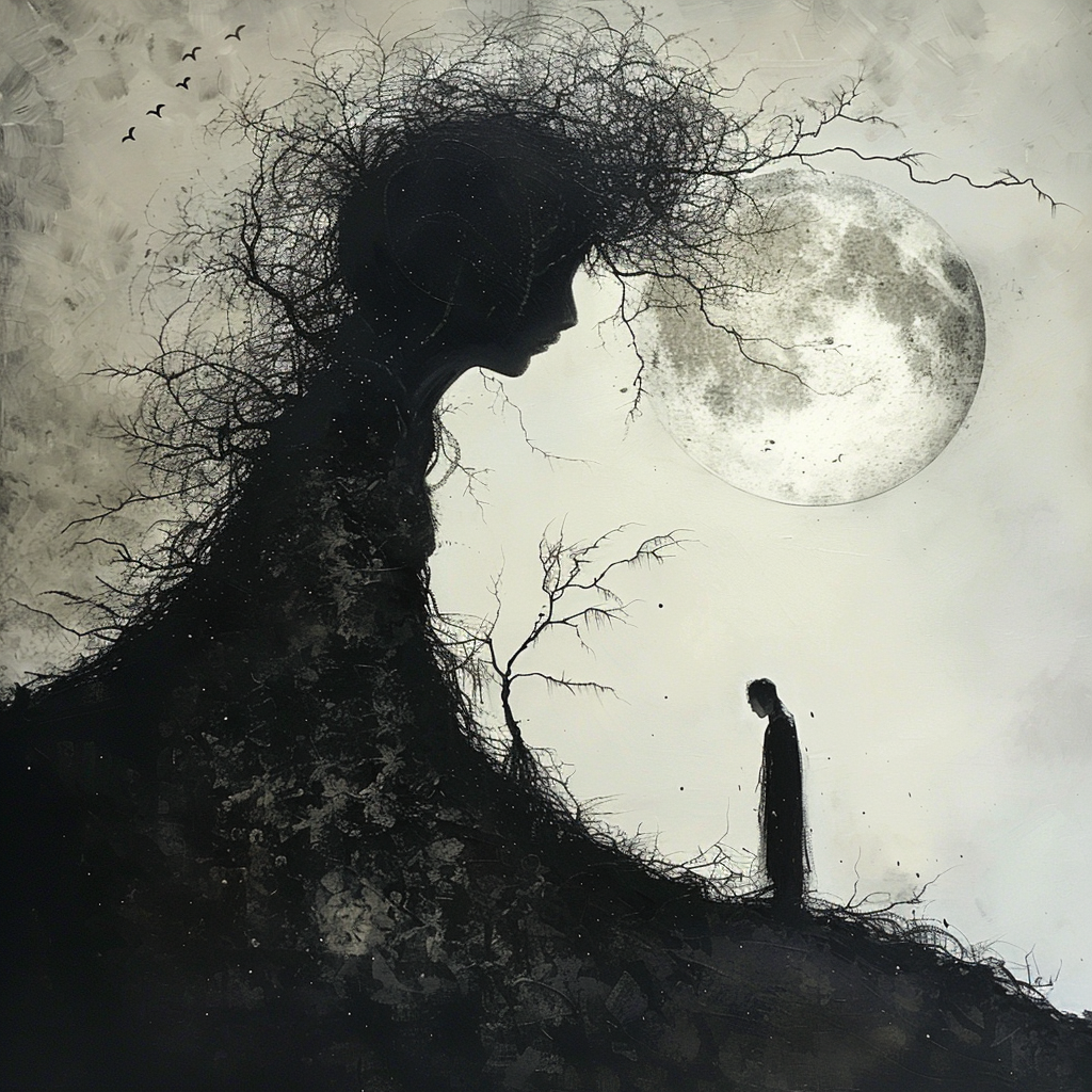 A dark, ethereal landscape shows a silhouetted figure standing before a shadowy, tree-like creature with a human face, beneath a full moon, inspired by a book quote about peril, dark places, and mingled love and grief.