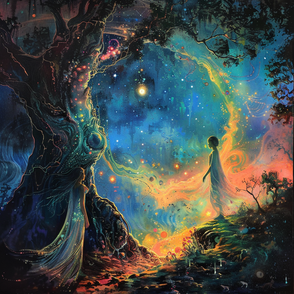 A vibrant surreal scene depicts a robed figure standing near a gnarled tree, gazing into a colorful, star-filled sky, visualizing the balance of peril and beauty, love and grief.
