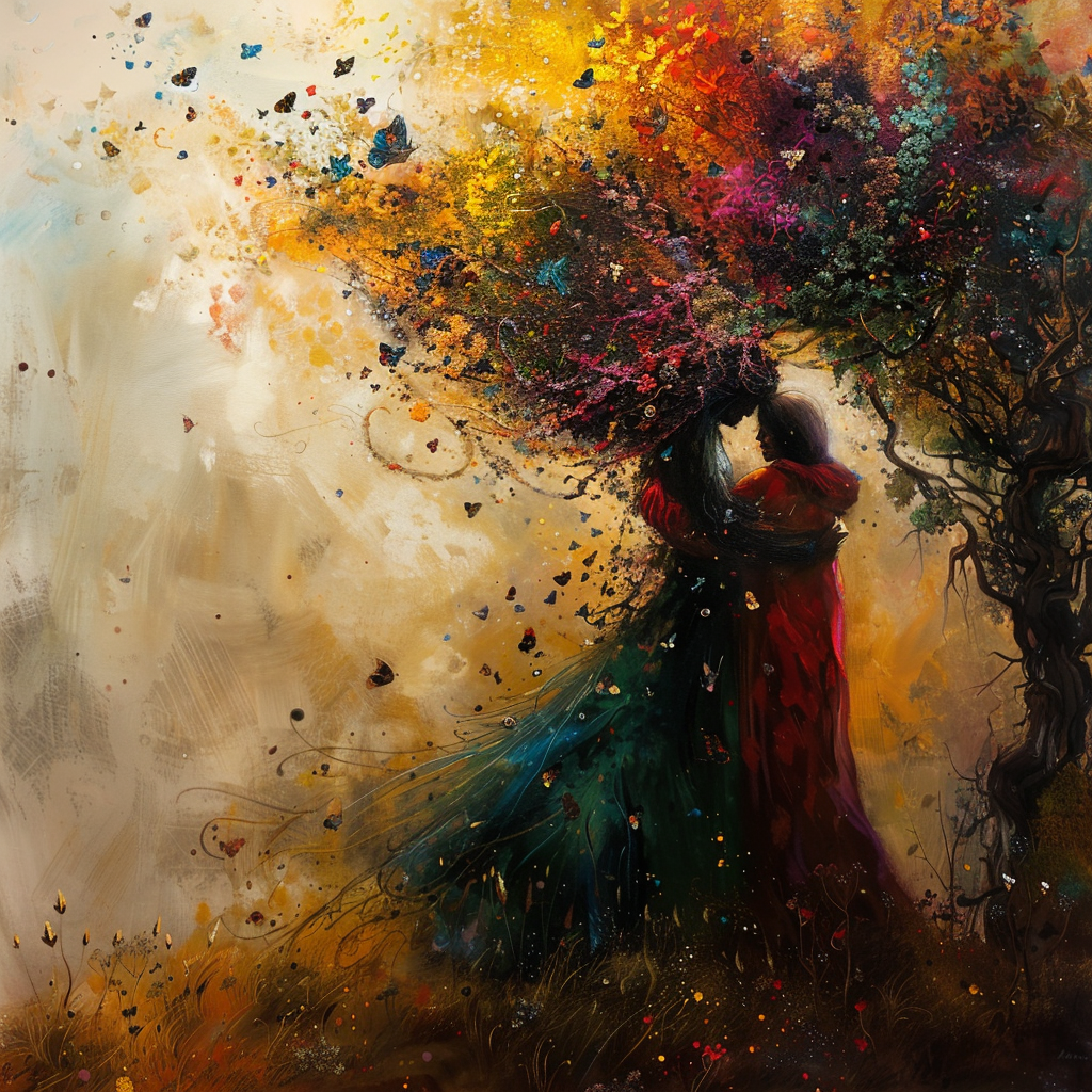 Two figures embrace under a vibrant tree, with colorful leaves swirling around them, evoking a sense of love amidst the world's peril and dark places.