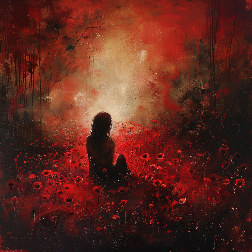 A person sits in a field of red flowers under a dark, ethereal sky, symbolizing a world full of peril and dark places but also fairness and the mingling of love and grief, growing even stronger.