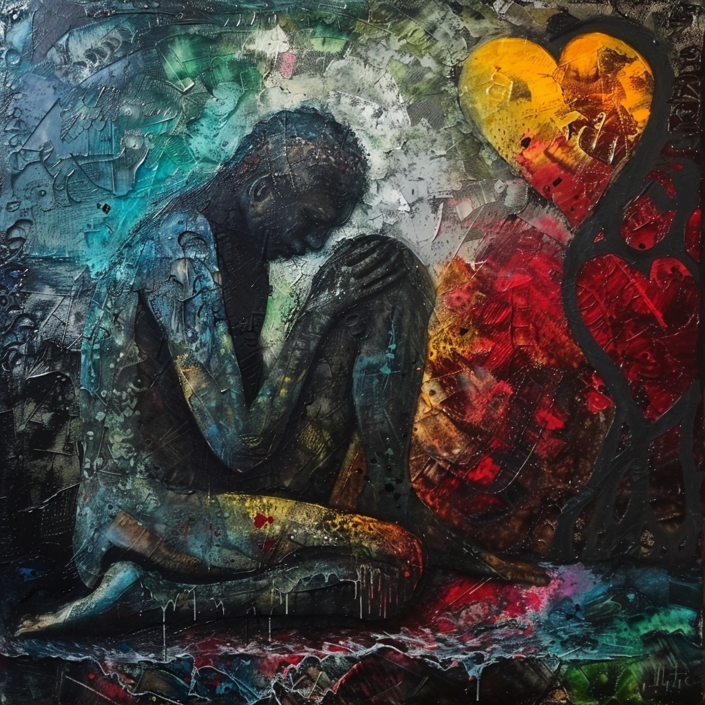 A vibrant painting depicts a person in a reflective pose surrounded by dark and colorful abstract imagery, including a large heart, inspired by the quote about the coexistence of peril and beauty in the world.