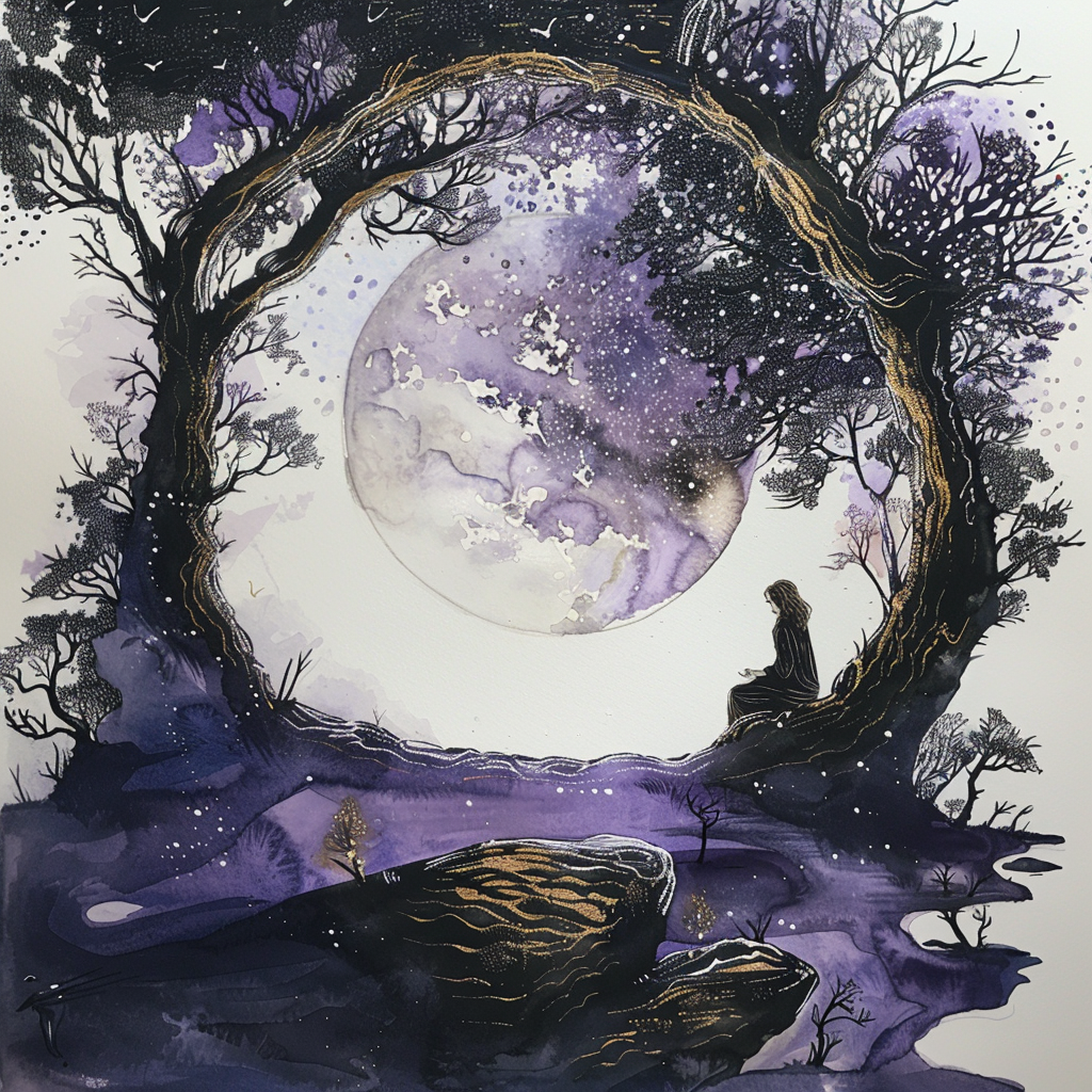 An ethereal scene with a person silhouetted against a large, glowing moon, surrounded by twisted trees, reflecting the quote's themes of peril, beauty, and love intertwined with grief.