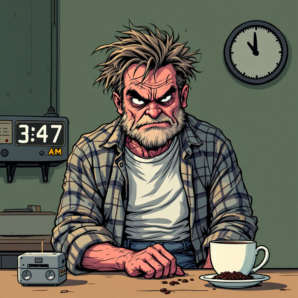 A disheveled man with a grumpy expression sits at a table, staring angrily with messy hair and stubble. A clock shows 3:47 AM, and a cup of coffee sits beside him.