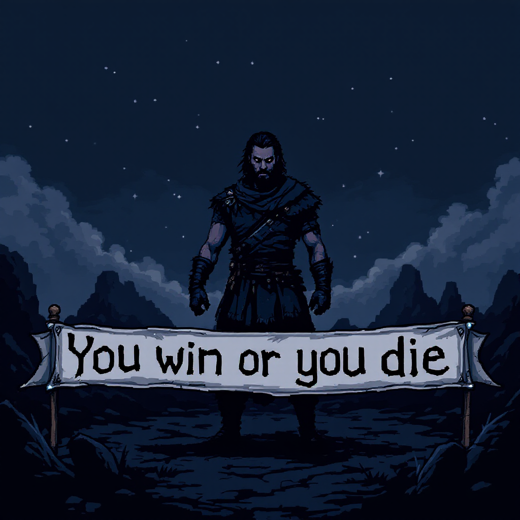 A dark, dramatic landscape features a muscular figure in warrior attire standing confidently behind a banner reading You win or you die, underscoring the stark message of victory or defeat.