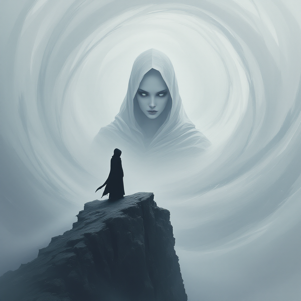 A cloaked figure stands on a rocky edge, gazing at an ethereal presence looming above, embodying the weight of difficult choices and their consequences.