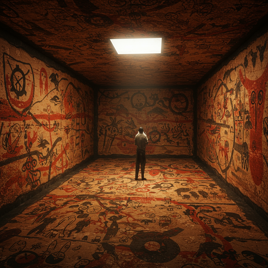 A lone figure stands in a dim, enclosed room adorned with ancient, cryptic red and black symbols—this inverted containment shields against SCP-3125's pervasive influence.