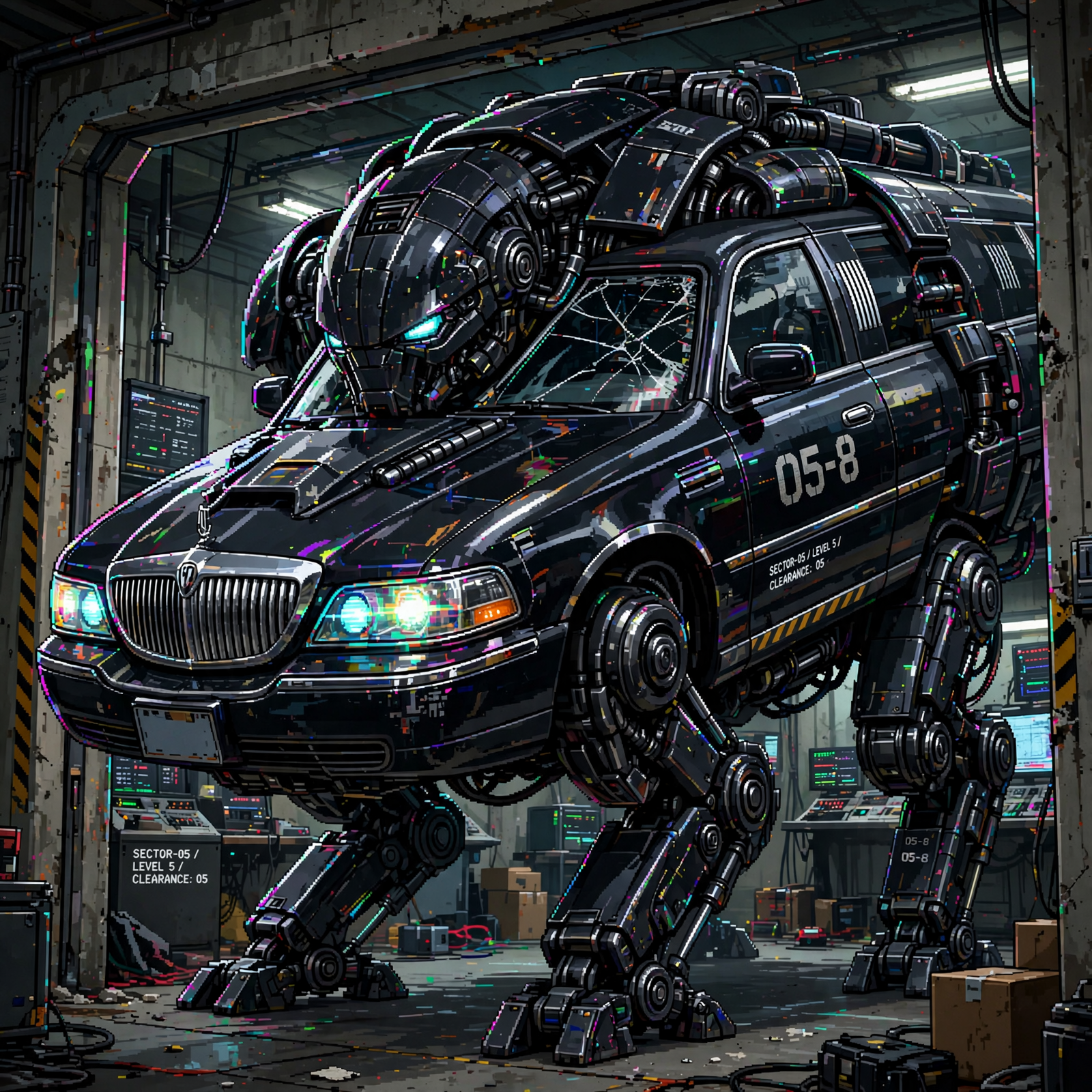 A massive gloss black armored mechanoid, resembling a walking limousine marked O5-8, crouches in a dimly lit industrial space, peering intently into a room.