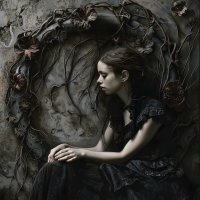 A somber woman sits pensively, surrounded by a dark, twisted wreath of vines and flowers, evoking themes of peril, beauty, love, and grief from the book quote.