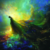 A mystical figure stands in a vibrant, swirling cosmic landscape, illuminated by a blend of bright, radiant colors, symbolizing love mingled with grief amidst the world's peril and beauty.