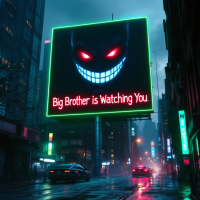 A neon billboard glows ominously in a rainy urban setting, featuring a sinister grin and the words Big Brother is Watching You, capturing a sense of surveillance and dystopia.