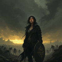 A determined warrior stands amidst a dark, ominous landscape, wielding a shield, as monstrous figures loom in the shadows—symbolizing the struggle between hope and despair.