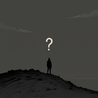 A solitary figure stands atop a dark hill, gazing up at a large glowing question mark against a muted sky, evoking the quote: We all have something to fight for; the question is, what?