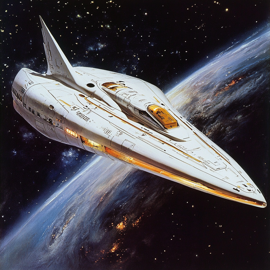 A sleek, white starship, shaped like a running shoe, hovers in space near a planet. This is the Heart of Gold, a stunning 150-meter-long vessel containing a revolutionary device within a small gold box.