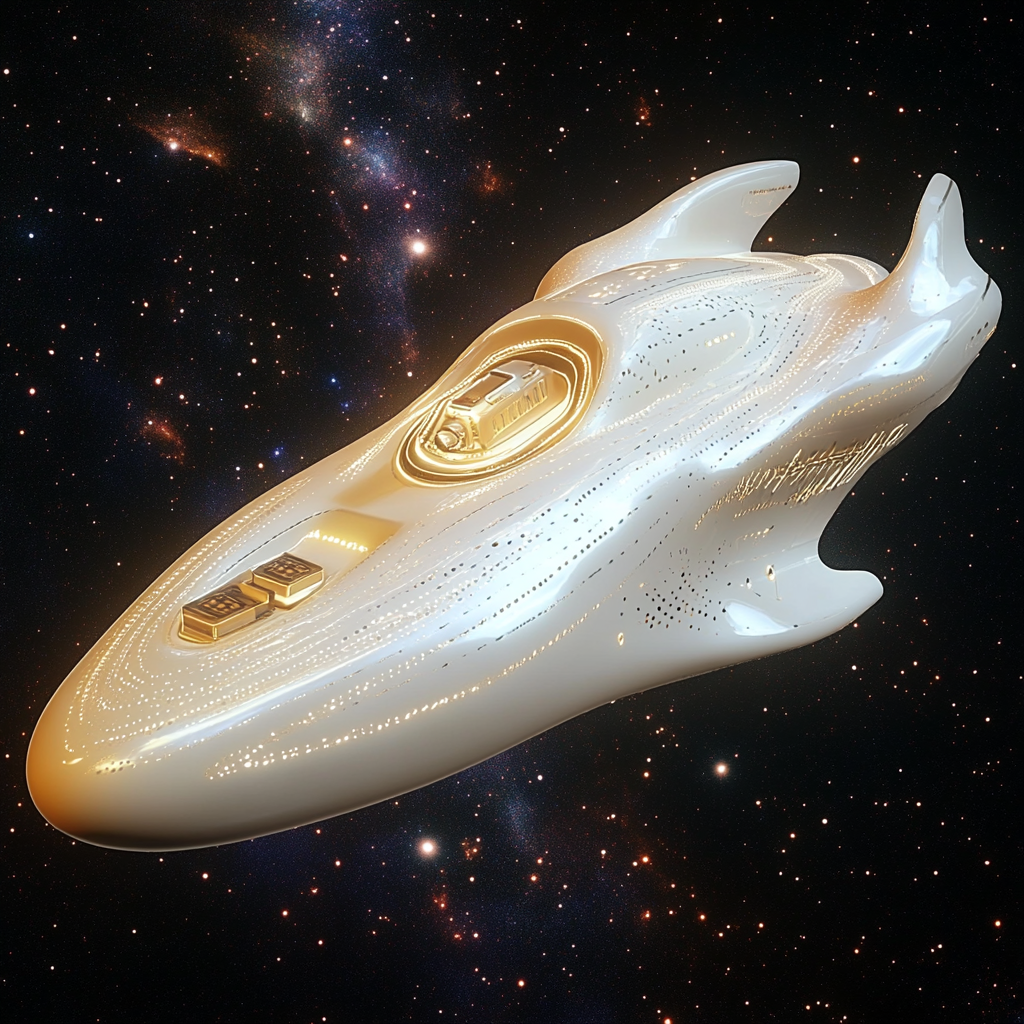 A sleek, white starship shaped like a running shoe with gold accents, floating in space, embodies elegance. Known as the Heart of Gold, it contains an unseen, revolutionary device at its core.