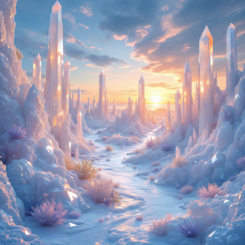 A breathtaking landscape of towering crystalline formations under a vibrant sunrise, evoking the wild, unspoiled beauty and freedom described in the quote.