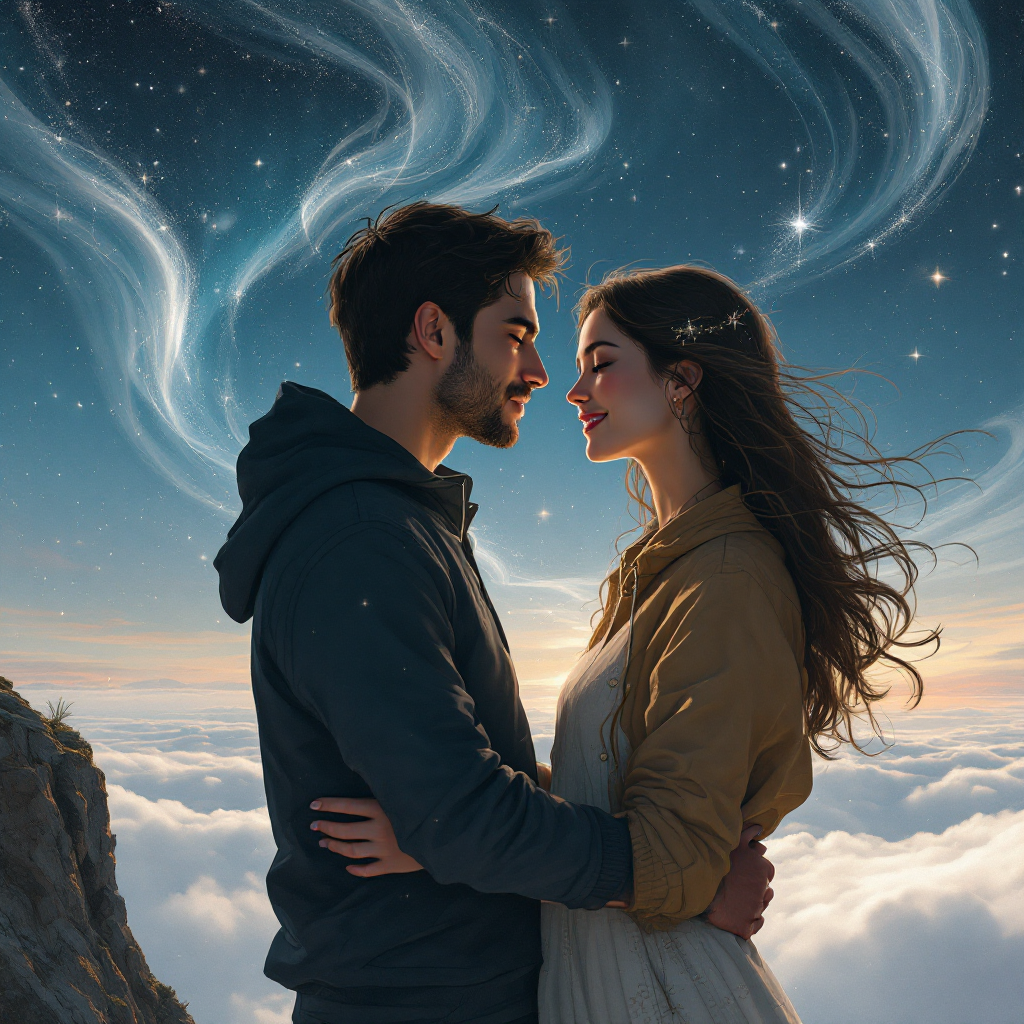 A couple embraces against a sky filled with swirling stars and clouds, symbolizing the profound connection and bittersweet nature of love and loss in the human experience.